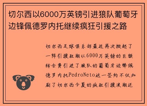 切尔西以6000万英镑引进狼队葡萄牙边锋佩德罗内托继续疯狂引援之路 切尔西以6000万英镑引进狼队葡萄牙边锋佩德罗内托继续疯狂引援之路
