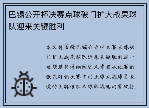 巴锡公开杯决赛点球破门扩大战果球队迎来关键胜利 巴锡公开杯决赛点球破门扩大战果球队迎来关键胜利